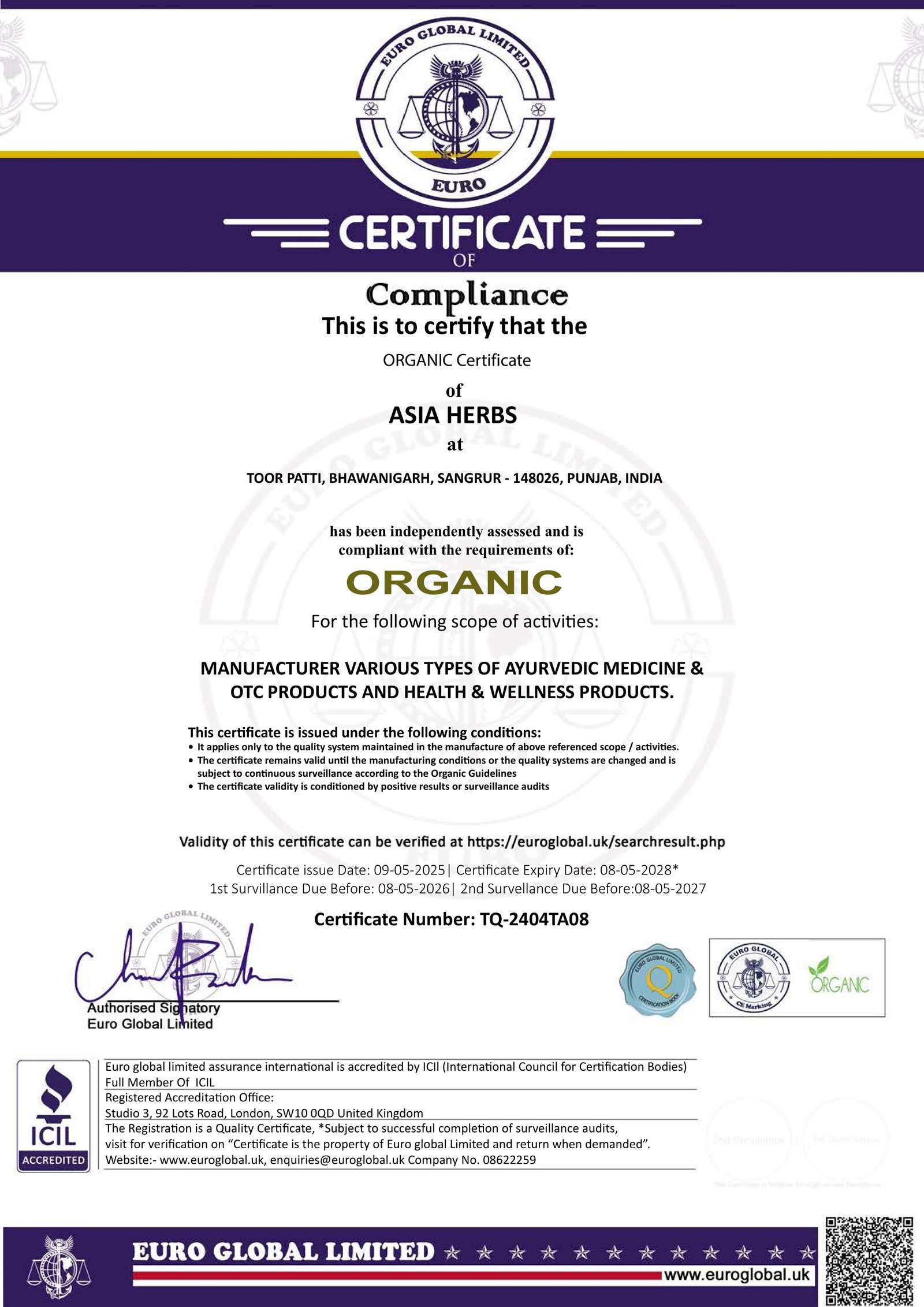 Organic Compliance Certificate